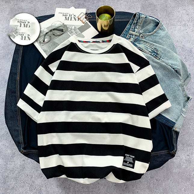 Men's Striped short sleeve T-shirt fat trend to add fat