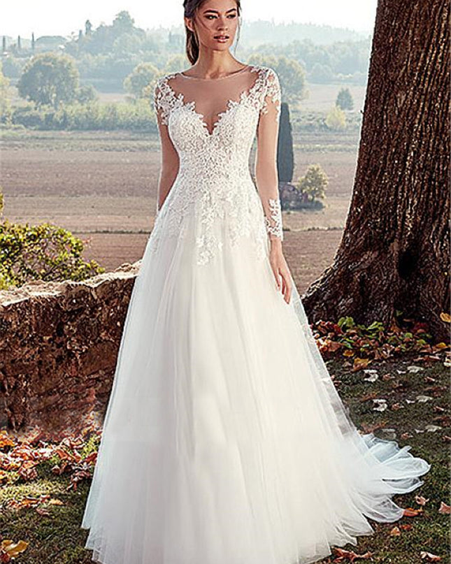High U-neck Lace Long Sleeve A- Line Long Tail Simple Wedding Dress