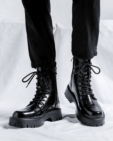 Patent Leather Martin Boots Men's Zipper Glitter Tied