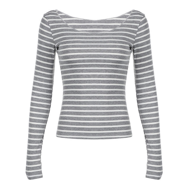 Oblique Shoulder Stripes Lightweight Slim-fit Long Sleeve Casual Top