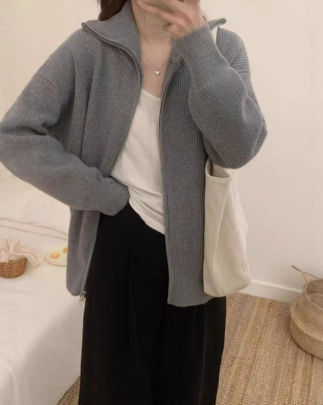 Hong Kong Style Design Double Zipper Knitted Cardigan Fashion Casual Jacket