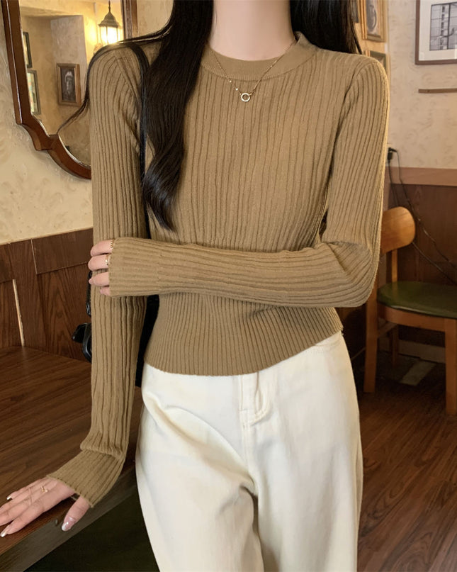 Korean Style Sunken Stripe Round Neck Long Sleeve Sweater
