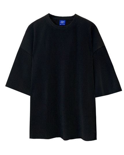 Men's Pleated Short Sleeves Loose Striped Draping Half Sleeve Trendy Pleated Round Neck T-shirt