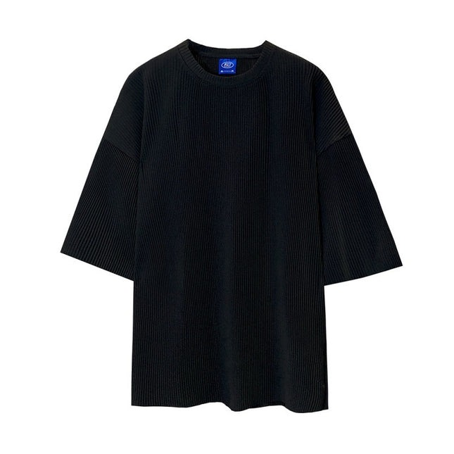 Men's Pleated Short Sleeves Loose Striped Draping Half Sleeve Trendy Pleated Round Neck T-shirt
