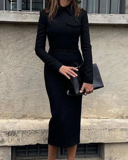 Autumn New Polo Collar Long Sleeve Slim Fit Sheath Dress
