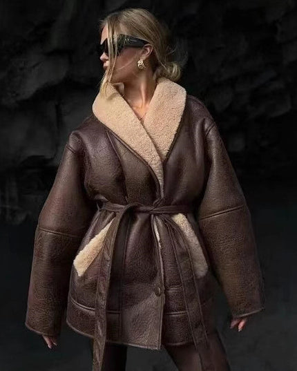 Fashion Cashmere Leather Fur Collar Composite Belt Coat