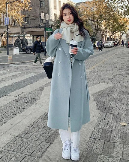 Loose Mid-length Lace-up Woolen Coat Women