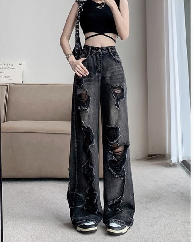 Retro Tattered Jeans High Waist Straight-leg Shorts