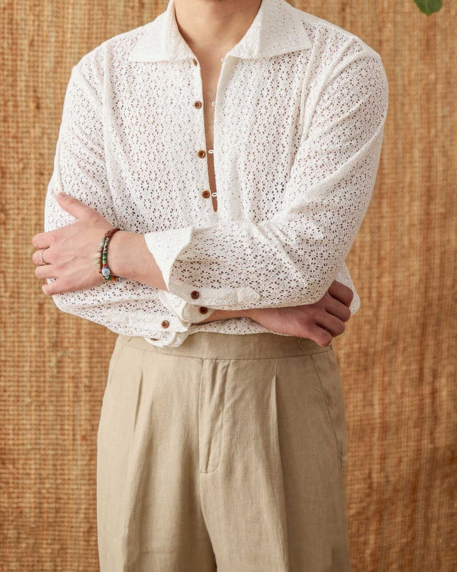 Open Collar Hollow Breathable Casual Long-sleeved Shirt