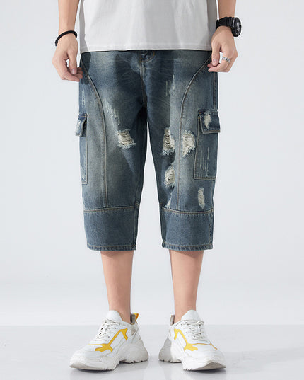 Men's Loose Elastic Waist Printed Cropped Jeans