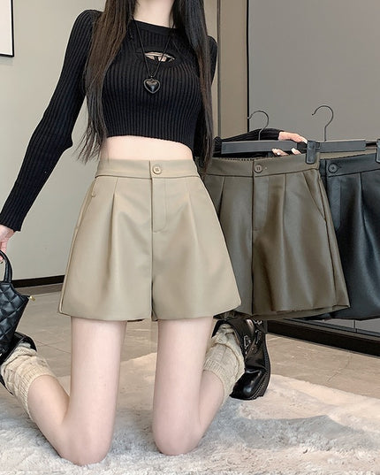 High Waist Casual Pants Brown Loose Wide-leg Leather Pants