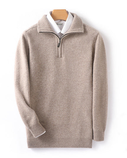 Double-strand Thickened 100 Pure Wool Knit Men's Pullover Lapel Zip-up Shirt