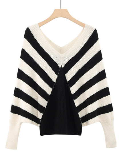 Plus Size Stripe Contrast Color V-neck Long-sleeve Knitwear