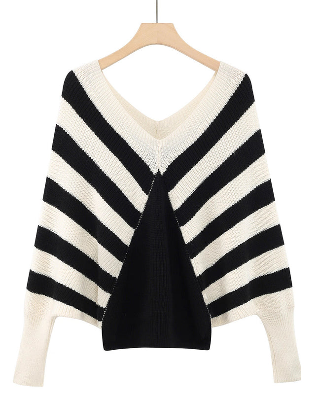 Plus Size Stripe Contrast Color V-neck Long-sleeve Knitwear
