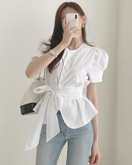 Ladies Temperament Round Neck Single-breasted Tie-waist Top
