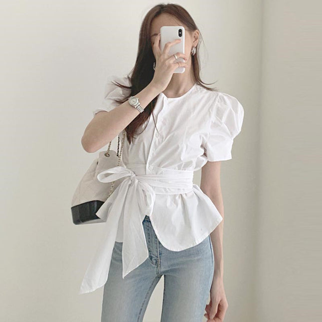 Ladies Temperament Round Neck Single-breasted Tie-waist Top