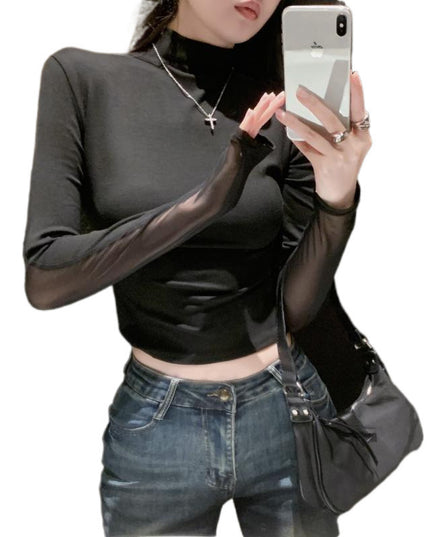 Spring And Autumn American Hot Girl Chic Mesh Short Stitching Long Sleeve