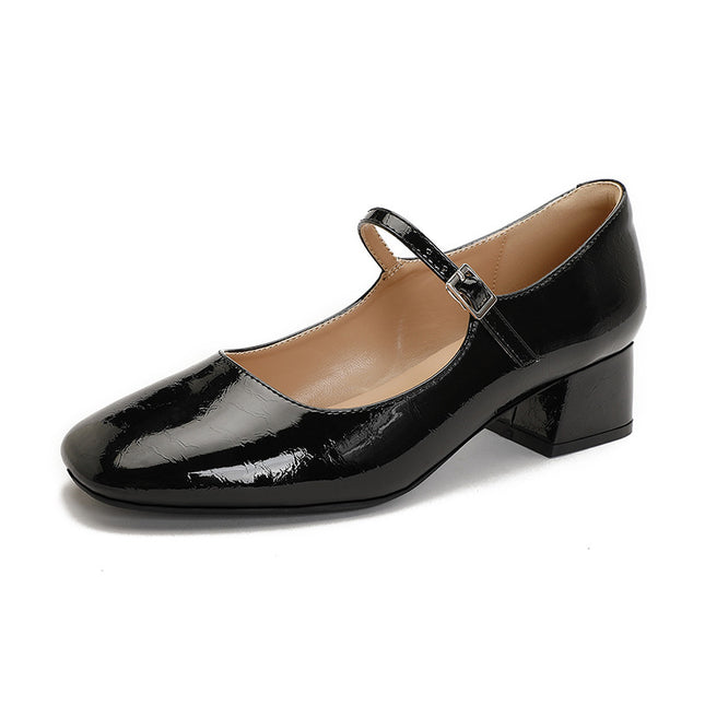 Square Toe Patent Leather Buckle With Pearl Mary Jane Shoes Women