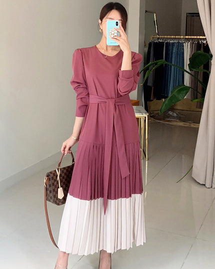 Round Collar Color Patchwork Pleated Dress Long Skirt Woman