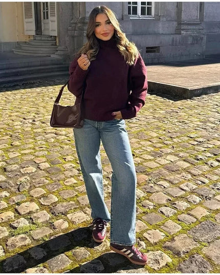 Knitwear Personality Street Vintage Women's Wine Red Turtleneck Sweater