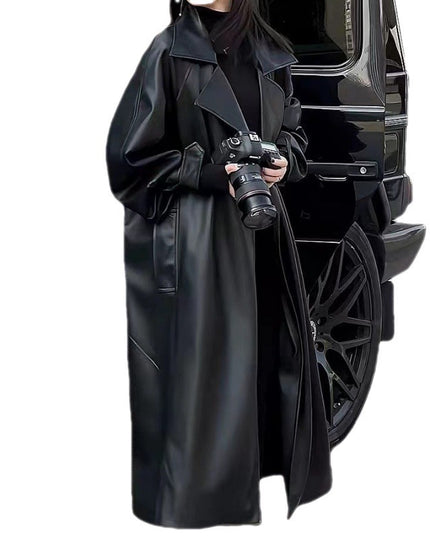 Women's Fashionable Temperament Long Knee Length PU Leather Coat