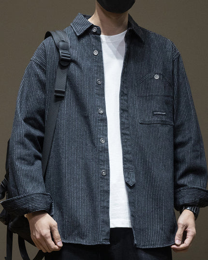 Japanese Style Stripe Denim Men's Long Sleeve Shirt
