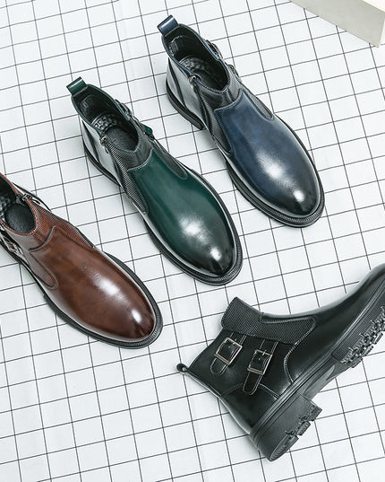 High-top British Double Buckle Slip-on Leather Boots 2023 Autumn And Winter