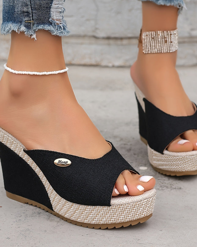 Women's Black Wedge Sandals With Buckle Details, Stylish And Generous