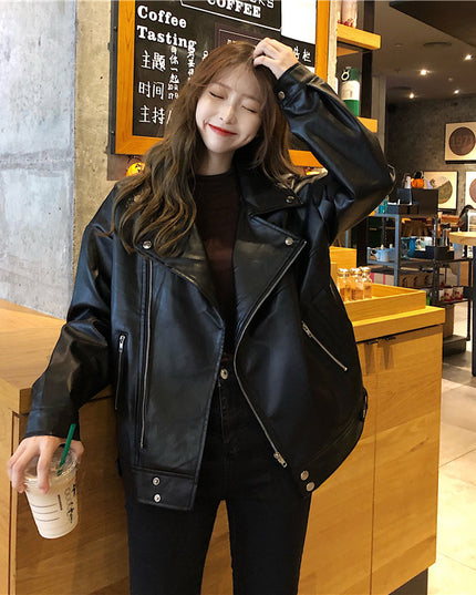 Leather coat women's autumn winter new Korean loose casual casual casual wear Pu motorcycle jacket ins fashion