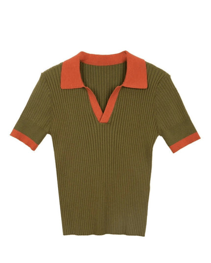 Women's French Retro Color Effect Collar Knitted Short Sleeve