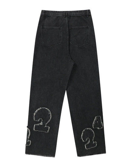 Men's Digital Cat Beard Affixed Cloth Embroidered Washed Jeans