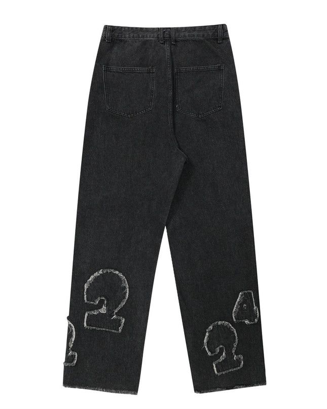Men's Digital Cat Beard Affixed Cloth Embroidered Washed Jeans