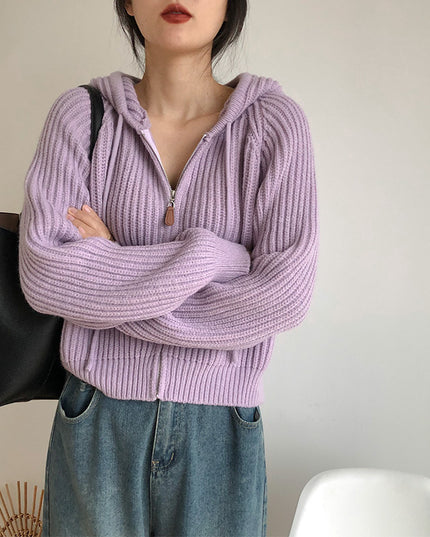 Korean Simple Short Hood Cardigan Wool Sunken Stripe
