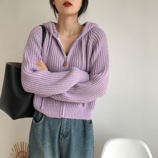 Korean Simple Short Hood Cardigan Wool Sunken Stripe