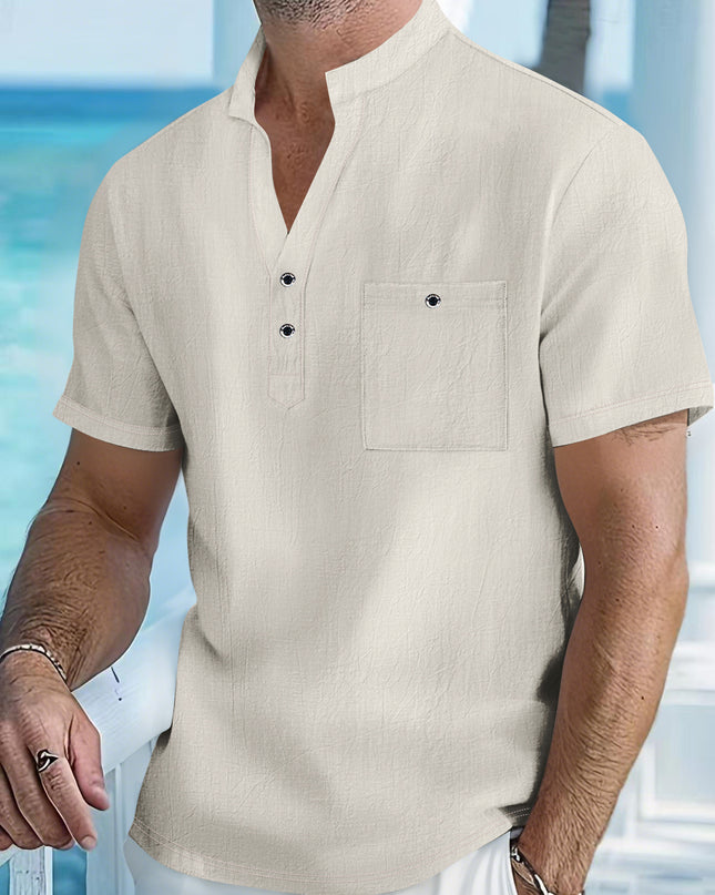 Stand Collar T-shirt Linen Short Sleeve Shirt Men