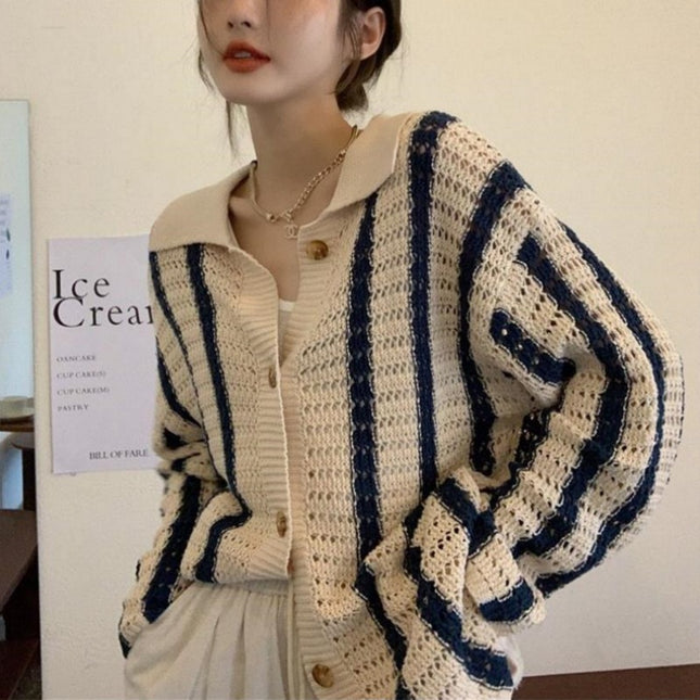 Contrast Color Loose And Lazy Style Slimming Sweater Coat Cardigan