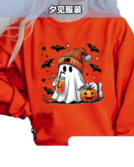Women's Sweatshirt Halloween Ghost Pumpkin Bat Print Pullover