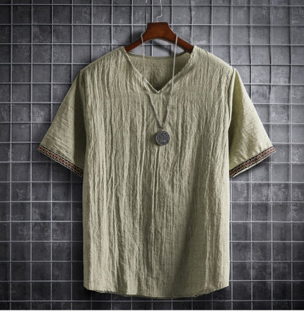 Vintage Linen V-Neck Short Sleeve T-Shirt Running Volume