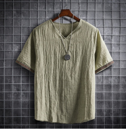 Vintage Linen V-Neck Short Sleeve T-Shirt Running Volume