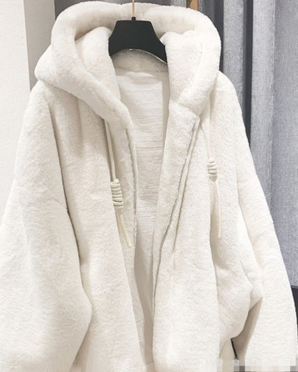 Women's Rex Rabbit Fur Hooded Loose Overcoat Jacket