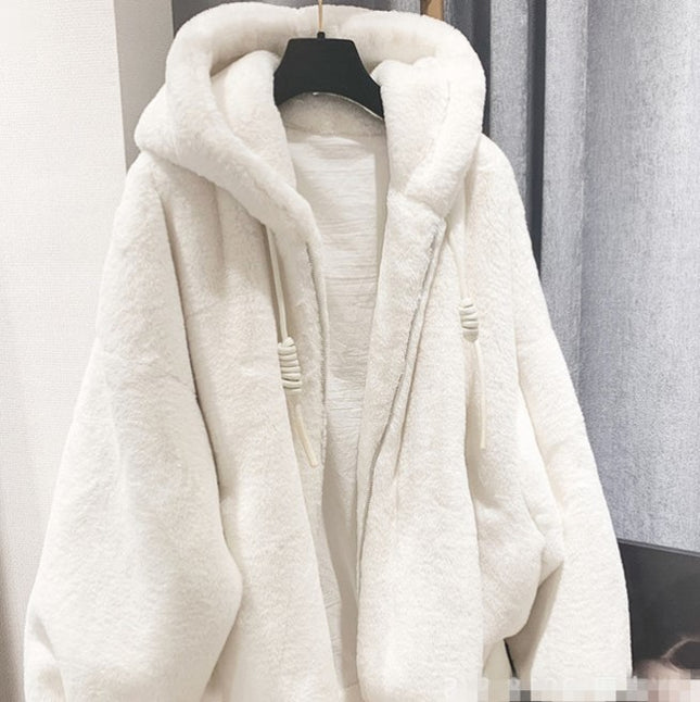 Women's Rex Rabbit Fur Hooded Loose Overcoat Jacket