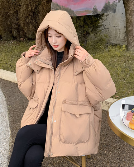 Women's White Duck Down Korean Style Slimming Hooded Thick Down Jacket