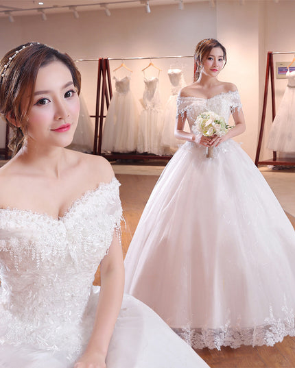 Shoulder-to-shoulder Wedding Dress Bridal Lace Plus Size Thin Shoulder Wedding Dress