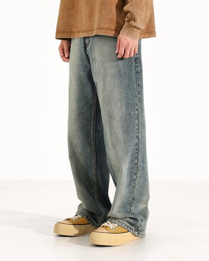 Washed Worn Men's Loose Wide-Leg Jeans | Straight Fit Blue Denim Pants