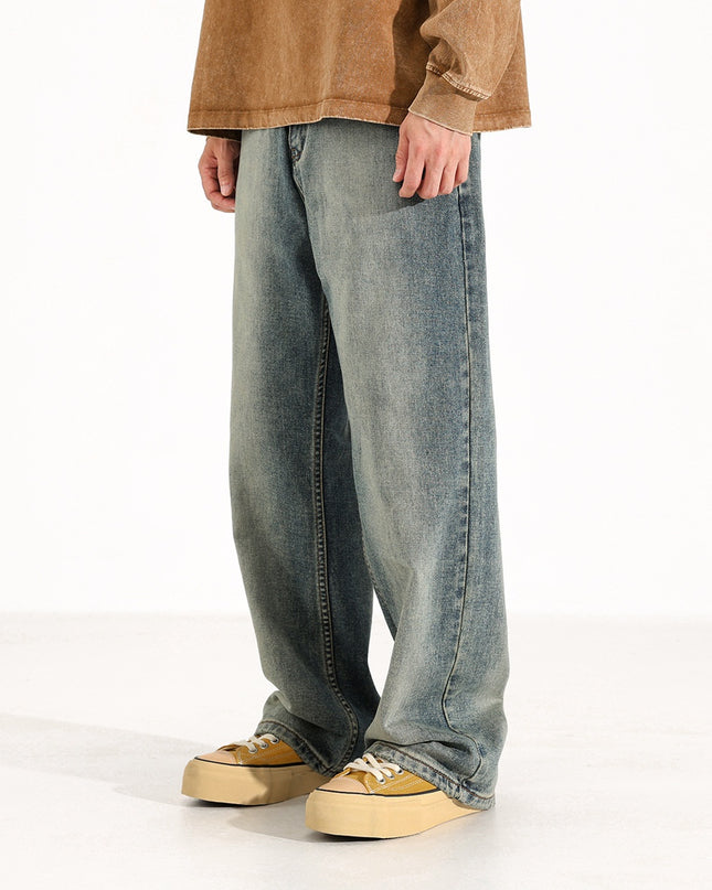 Washed Worn Men's Loose Wide-Leg Jeans | Straight Fit Blue Denim Pants