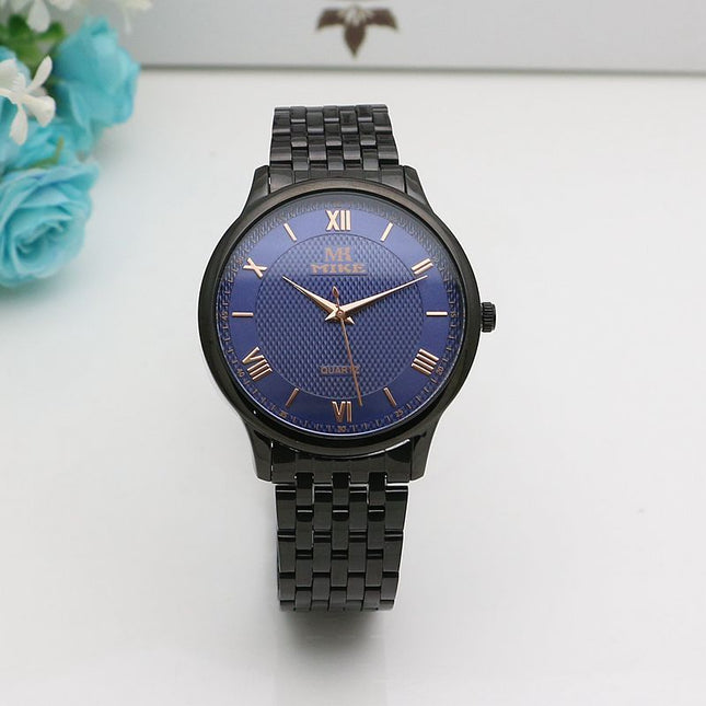 Waterproof Men's Gold Watch Fashion Gun Color Steel Band Quartz Watch