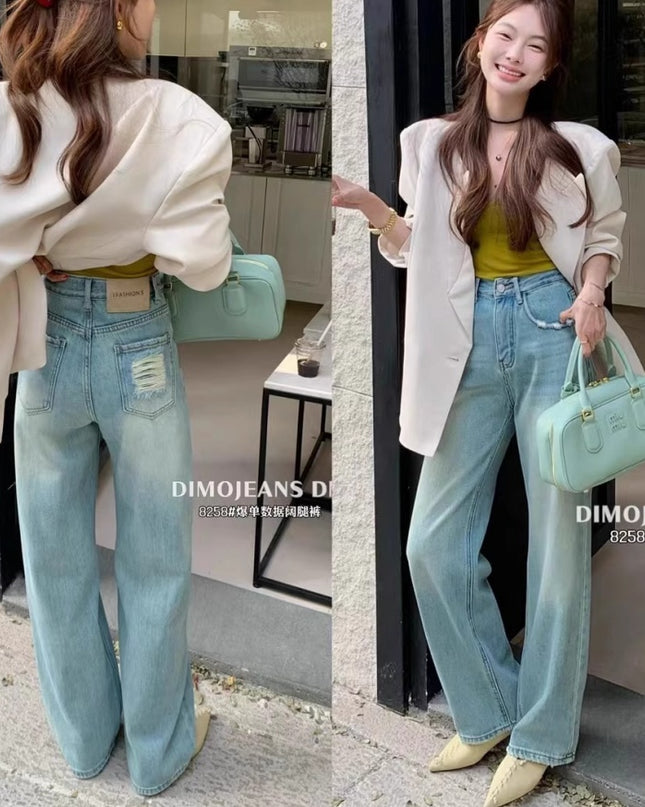 Ripped Narrow Version Wide-leg Loose Drape Mopping Pants Hot Girl High Waist Women's Straight Denim Trousers