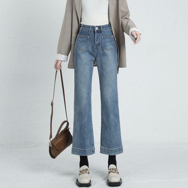 High Waist Straight Leg Women's Cigarette Pants Slimming Petite Nine Point Flared Pants