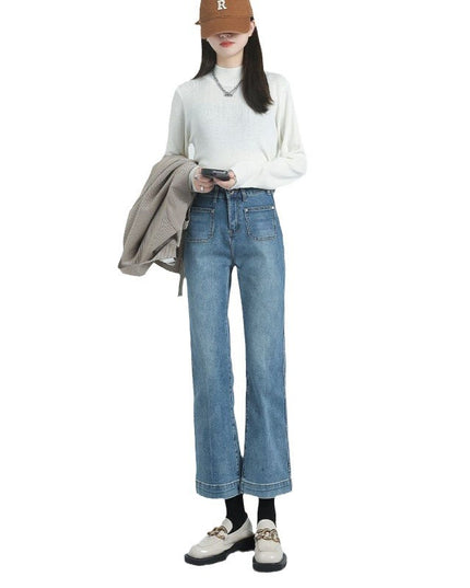 High Waist Straight Leg Women's Cigarette Pants Slimming Petite Nine Point Flared Pants