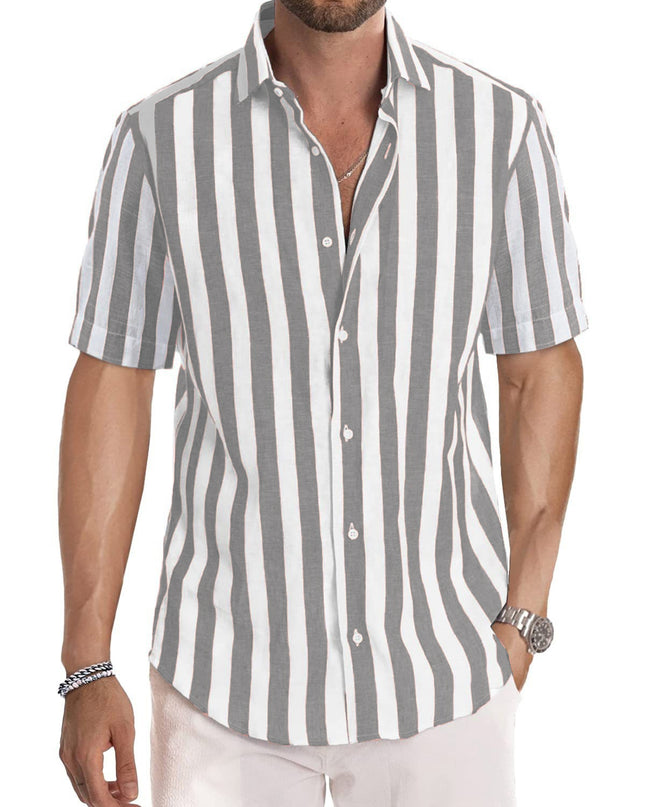 Summer European And American Men's Beach Casual Sports Yarn-dyed Striped Short-sleeved Lapel Shirt